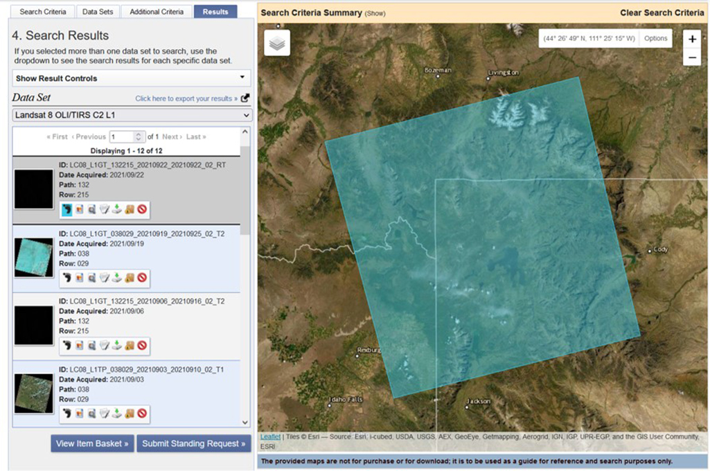 USGS Earth Explorer screen shot with Landsat 8 data from